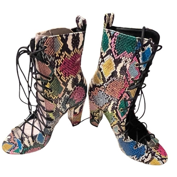 Shoes - Multicoloured snakeskin print lace up ankle boots. #snakeskinprint